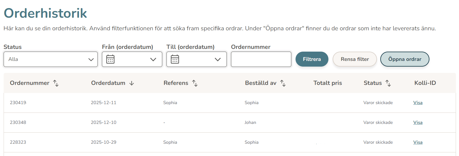 Vy från orderhistoriken hos OneMed